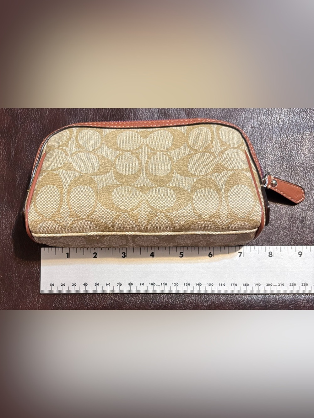 Coach Tan Signature Canvas Zip Cosmetic Pouch (Read description).